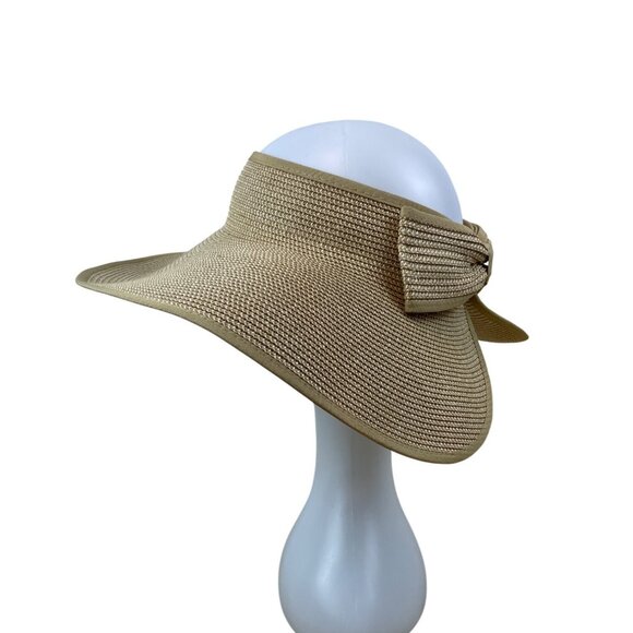 Wide Brim Straw Sun Visor Hat With Bow Closure Beige Adjustable - Picture 4 of 7